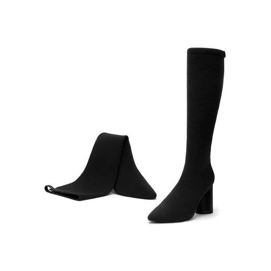 Slimming Pointed Toe Block Heel Stretch Knee High Boots-1